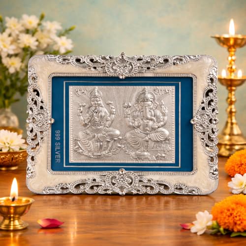 Image of KYAT Pure 999 Fine Silver Kamdhenu Cow with Calf Idol Elephant Pair (Lakshmi Ganesh - 8 x 10'')
