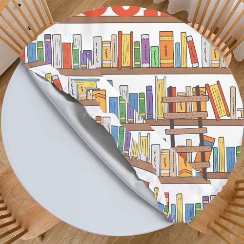 AOYEGO Book Shelves Collection Tablecloth Library Reading Club Ladder Books Table Cover Elastic Table Cloth for Indoor Dining, Outdoor Picnic Parties, Camping, Fits Tables 40-44″ Round