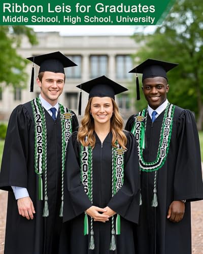 Image of Yigney Graduation Lei Set Class of 2026 Grad Ribbon Leis with Honor Cord Double Braided Graduate Leis for Men Women Green Black White