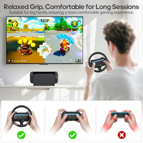 Image of Rysker Steering Wheel & Grip for 2025 Nintendo Switch 2 JoyCon, Joy Con 2 Racing Wheel with Detachable Controller Grip for Mario Kart World 8 Deluxe, Switch Attachment Accessories Kit -2 Packs Black
