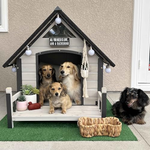 Dog House with Anti-Bite Metal Iron Frame Outdoor Wooden Dog Kennel Indoor Puppy Shelter for Small Medium Large Dogs Weatherproof(Off-White)