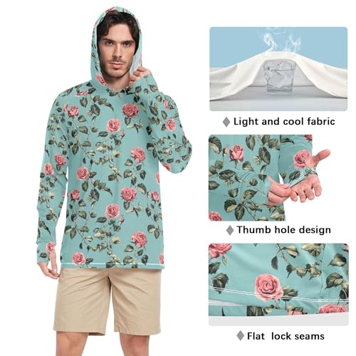 Wudan Retro Rose Turquoise Mens Sun Hoodies Shirts Long Sleeve Cooling Hoodies Fishing Shirt UPF 50+ S4