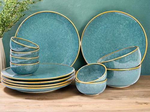 Image of Bodhi House Ceramic Dinner Set, 14 Pieces, Handmade Reactive Glaze Dinnerware, Stoneware Dining Sets Serving for 6, Microwave, Dishwasher Safe, Glossy Finish Crockery Set for Gifting, Ocean Green
