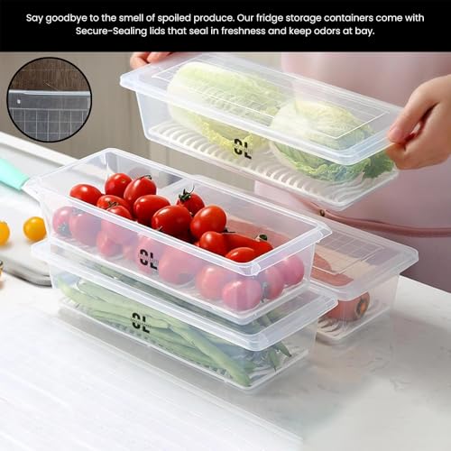 Image of 1500 Ml Transparent Fridge Storage Container with Removable Drain Plate | BPA Free Plastic Refrigerator Organizer Box | Freezer Safe Kitchen Storage for Vegetables, Fruits (Pack Of 6)
