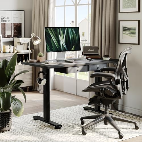 Image of Agilestic Electric Standing Desk with Drawers, 55 x 24 Inches Height Adjustable Desk, Stand up Computer Table with Memory Preset, for Work Office Home, Black