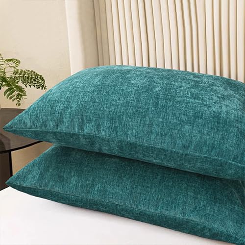 Image of CaliTime Pack of 2 Cozy Standard Pillow Shams Cases for Bed Bedding Decoration Solid Dyed Soft Chenille 20 X 26 Inches Teal