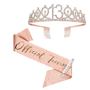 13th Birthday Sash and Crown for Girls, Rose Gold Official Teenager Sash and Tiara for Girls, 13th Birthday Gifts for…