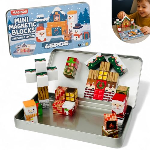 Maginoo 45PCS Mini Magnetic Blocks Travel Set Christmas STEM Toddler Toys in Iron Box Educational Building Cubes for Kids Ages 38 for Boys & Girls