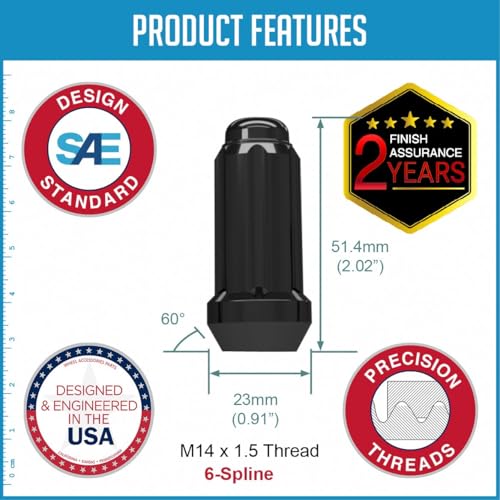 Image of Wheel Accessories Parts Premium Spline Lug Nuts 2 Year Warranty 24 Pcs M14x1.5 14x1.5 Thread 2.00 inch Long Black 6 Spline Hex Fits Chevy Silverado 1500 Ford F-150 GMC Sierra 1500 RAM 1500