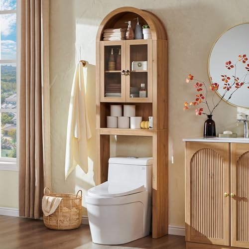 IFGET Arched Over The Toilet Storage Cabinet with Acrylic Doors Modern Over Toilet Bathroom Organizer Shelf Small Wooden Bathroom Storage Cabinet with Adjustable Shelf Space Saver Natural Oak