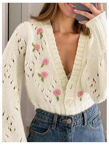 Image of MakeMeChic Women's Floral Embroidery Sweater Cardigan Button Down Long Sleeve Crop Outerwear