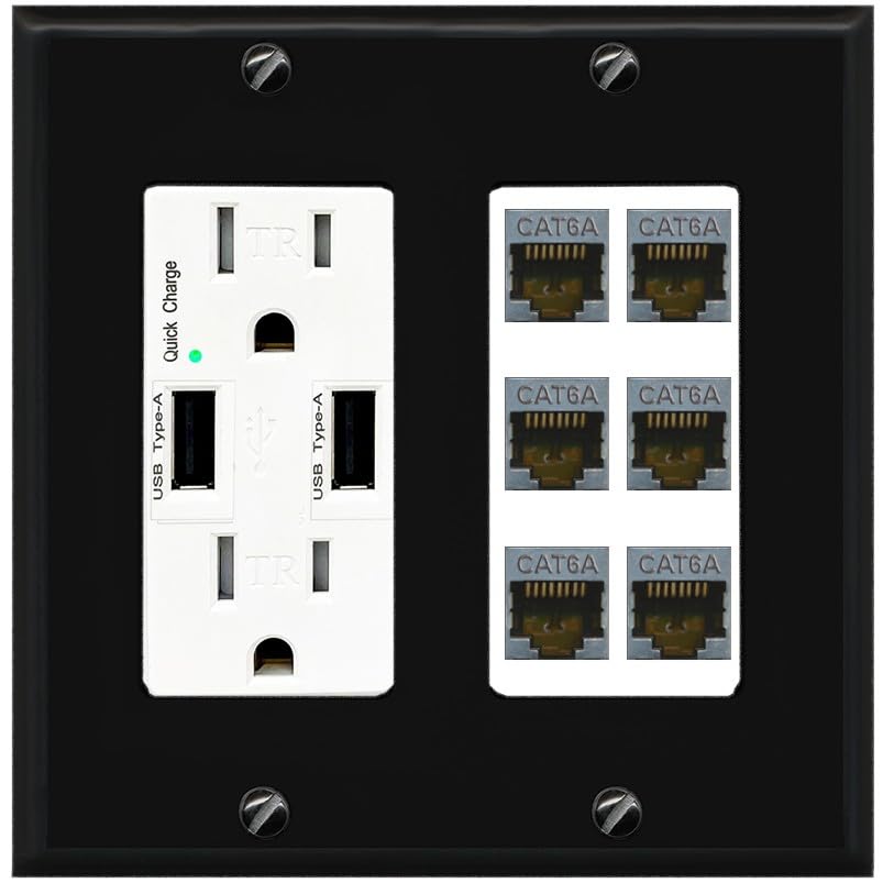 RiteAV - 6 Port Cat6A Ethernet Wall Plate - USB Outlet [White]