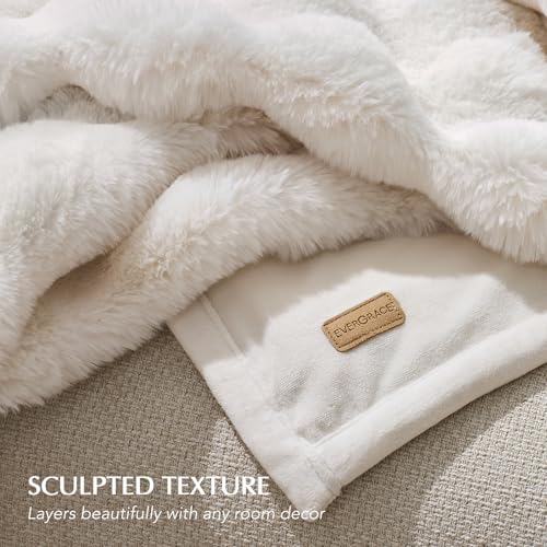 EverGrace Ultra Soft Luxury Fluffy Faux Rabbit Fur Throw Blanket, Thick Warm Bubble Throw for Bed, Cozy Plush Reversible Blankets for Couch, Chair, Sofa, Ivory White, 60x80 Inches - Image 6