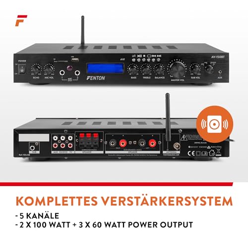 Fenton AV-150BT - HiFi Verstärker 380 Watt, 5.1 AV Receiver mit Bluetooth, FM-Radio, MP3, SD- und...