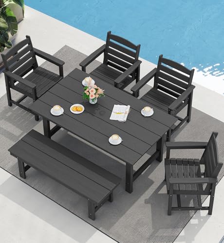 Image of SERWALL 6 Pcs HDPE Dining Set, Includes 1 Table, 1 Bench & 4 Chairs, Black | Outdoor Dining Set with Bench, All-Weather Resistant SERWALL Dining Set for patio