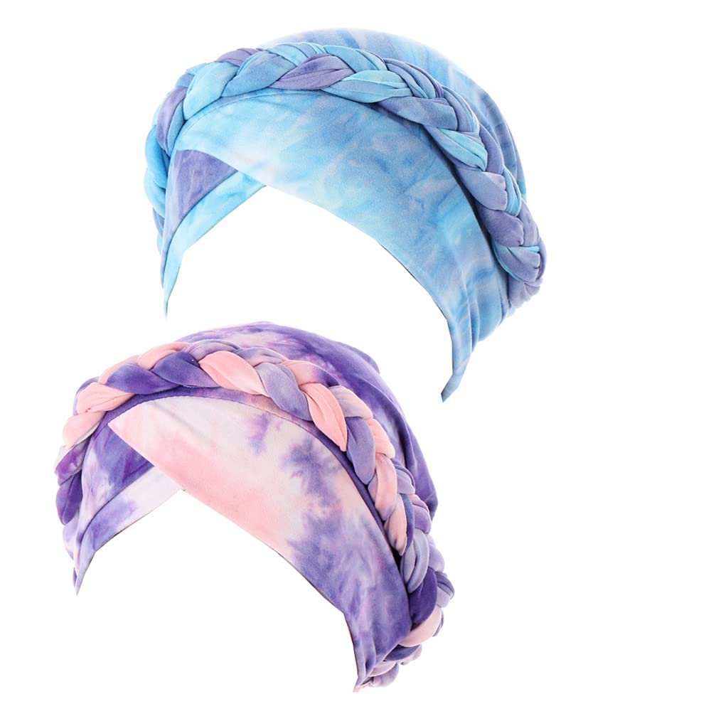Jdyaoying Women's Blue+Purple 2Pcs Chemo Cancer Turbans For Braid Turban Cap Headwrap Head Scarf Beanie Cap