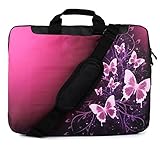 TaylorHe 15.6 inch 15 inch 16 inch Hard Wearing Nylon Laptop Carry Case Colourful Laptop Shoulder Bag with Patterns, Side Pockets Handles and Detachable Strap Pink Butterflies