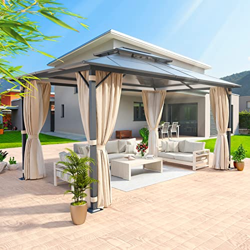 Aoxun 10'X13' Hardtop Gazebo, Outdoor Polycarbonate Double Roof Gazebo With Aluminum Frame Permanent Pavilion And Curtains & Netting For Backyard, Patio, Deck, Parties (Brown) #TOP1