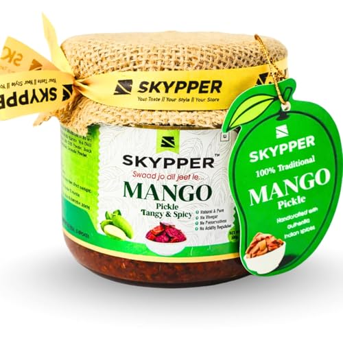 Skypper Traditional Indian Mango Achar | Handcrafted & Sun-Dried 20 Days | Made with Cold-Pressed Mustard Oil | Natural | No Preservatives| Food Graded Glass Jar (300g, Mango)