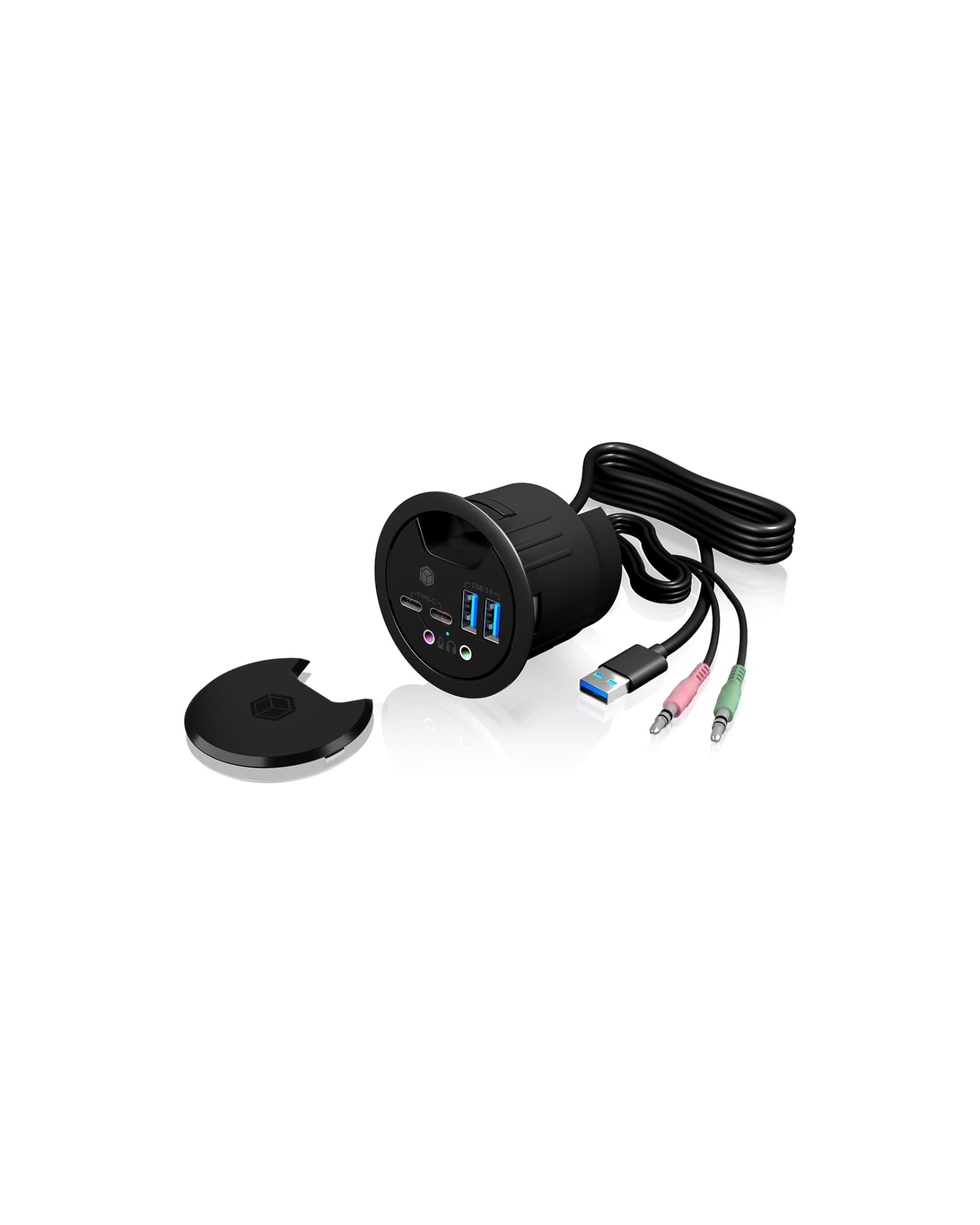 ICY BOX Hub USB de bureau (60 mm) à encastrer, 4 Ports USB 3.0 (2x USB-C & 2x USB-A), Entrée/sortie audio, Passe-câble, Noir, IB-HUB1403B