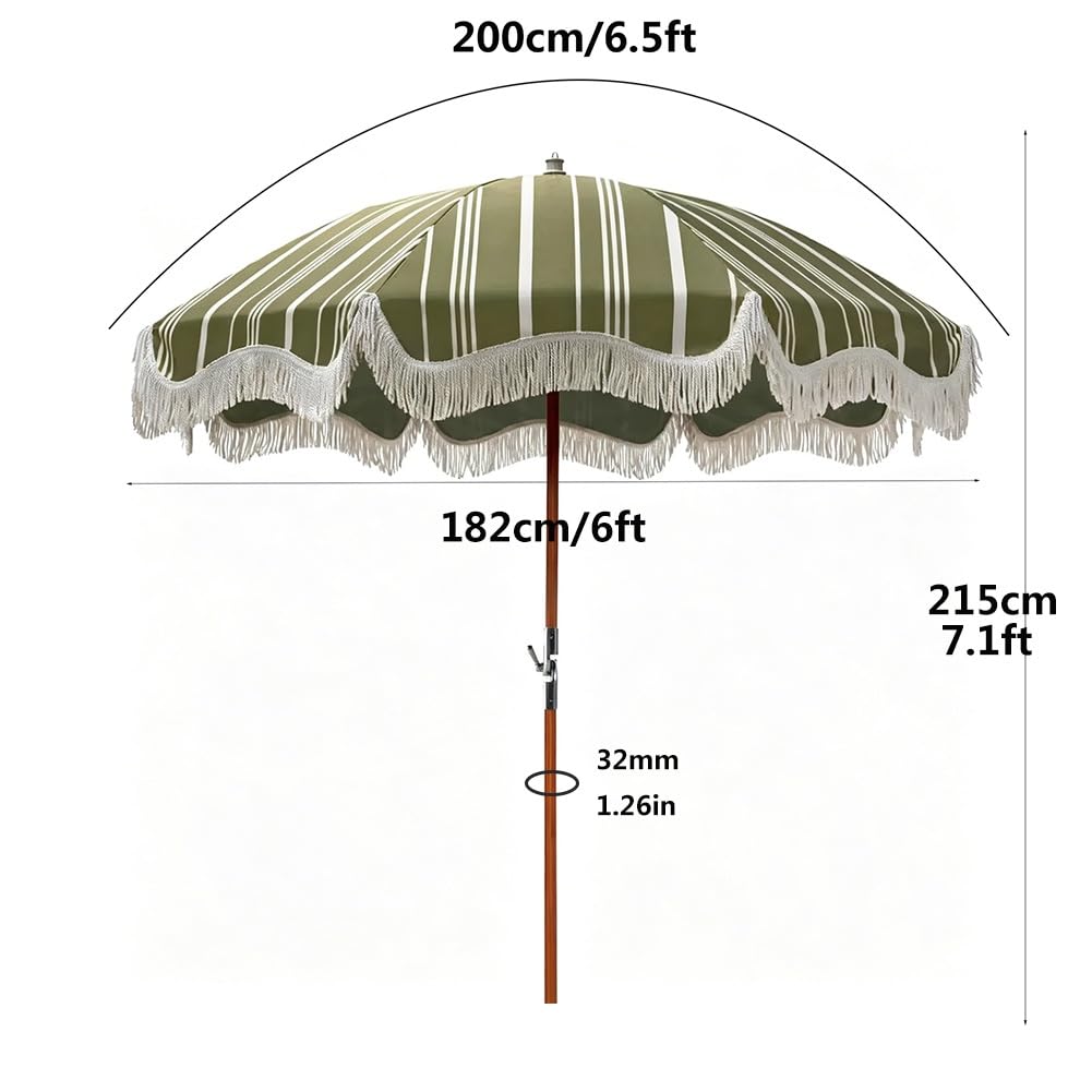 200 cm Vintage Parasol Plażowy w Paski z Frędzlami; Składany Parasol Ogrodowy w Boho z Drewnianym Trzonkiem i 8 Żebrami z Włókna Szklanego