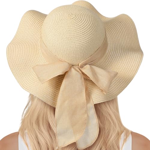Image of Beach Sun Straw Hats for Women, UPF 50+ UV Sun Protection Wide Brim Summer Straw Hat Foldable Packable Roll up Cap