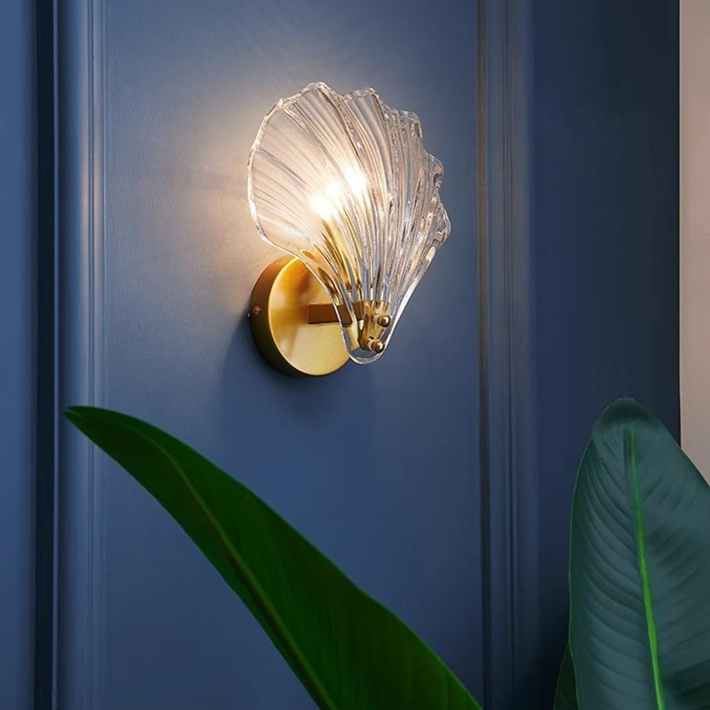 EaEa Lámpara de Pared de Interior E14 Shell Luz de Pared Moderna Aplique de Pared de Metal Cristal Hierro con Pantalla de Vidrio Shell Lámpara de Cabecera de Diseño Dorado para Cocina Isla Dormitorio