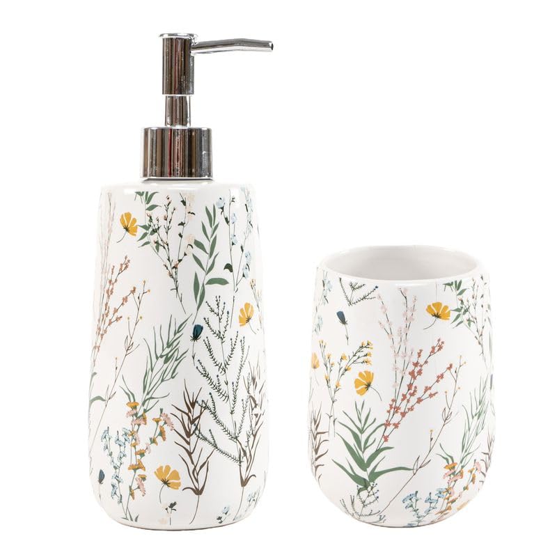 Juego de Baño Diseño de Flores | Dispensador de Jabón y Vaso de Cerámica | Set de Accesorios de Baño 2 Piezas | Dosificador Jabonera y Vaso para Lavabo | Juego de Baño para Aseo | Decoración Hogar
