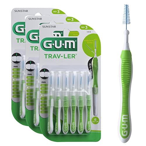 GUM TRAV-LER Lot de 6X3 brosses interdentaires professionnelles/poils avec protection antibactérien/fil métallique revêtu/poignée souple/vert/taille 1,1 mm ISO 3/3