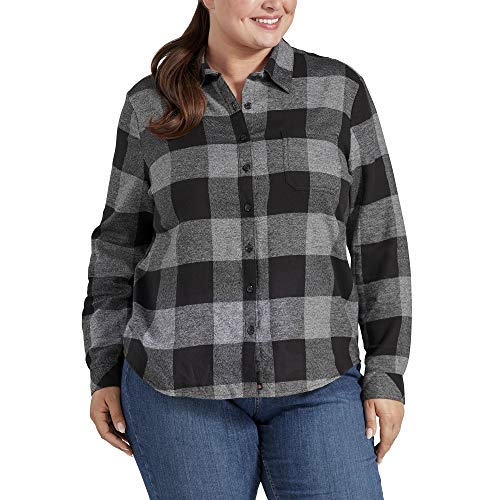 Dickies Women's Size Long-Sleeve Plaid Flannel Shirt, Black/White Heather Buffalo, 2X-Large Plus