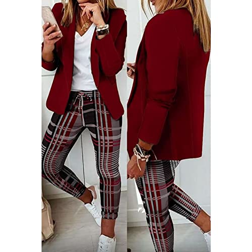 Womens 2 Piece Plaid Suits Set Business Casual Outfits Long Sleeve Blazer Sets Drawstring Pant Suits2