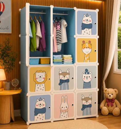 Image of 12 Door Plastic Wardrobe for Kids - Cupboard for Clothes Storage Rack, Almirah for Clothes, Baby Collapsible Wardrobe, Multi-Purpose Kids Storage Organizer for Books,Toy (Blue-KTG2, 12-Door)