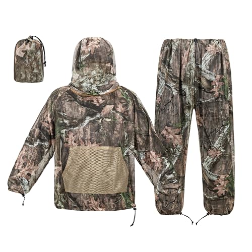 GHILEO Camo Repellent Mosquito Suit With Bug Hat, Mosquito Proof Clothing Jacket and Pants, Camo With Pocket, Medium