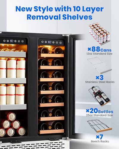 Image of 24 Inch Wine and Beverage Refrigerator Under Counter, Dual Zone 20 Bottles & 88 Cans Beverage Fridge with Stainless Steel Tempered Glass Door, Built-in /Freestanding Mini Fridge for Office /Bar /Kitchen