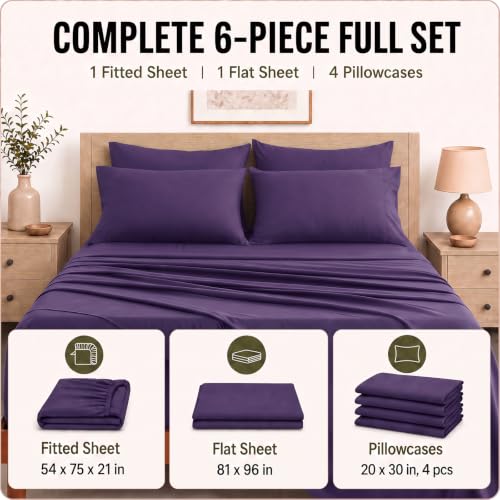 Image of CozyLux 6-Piece Full Size Bed Sheets, Fits 18-21 Inch Mattresses, Oeko-TEX | 4 Pillowcases, 1 Flat Sheet and 1 Fitted Sheet with All-Around Elastic and 21-Inch Deep Pocket for a Secure Fit, Purple