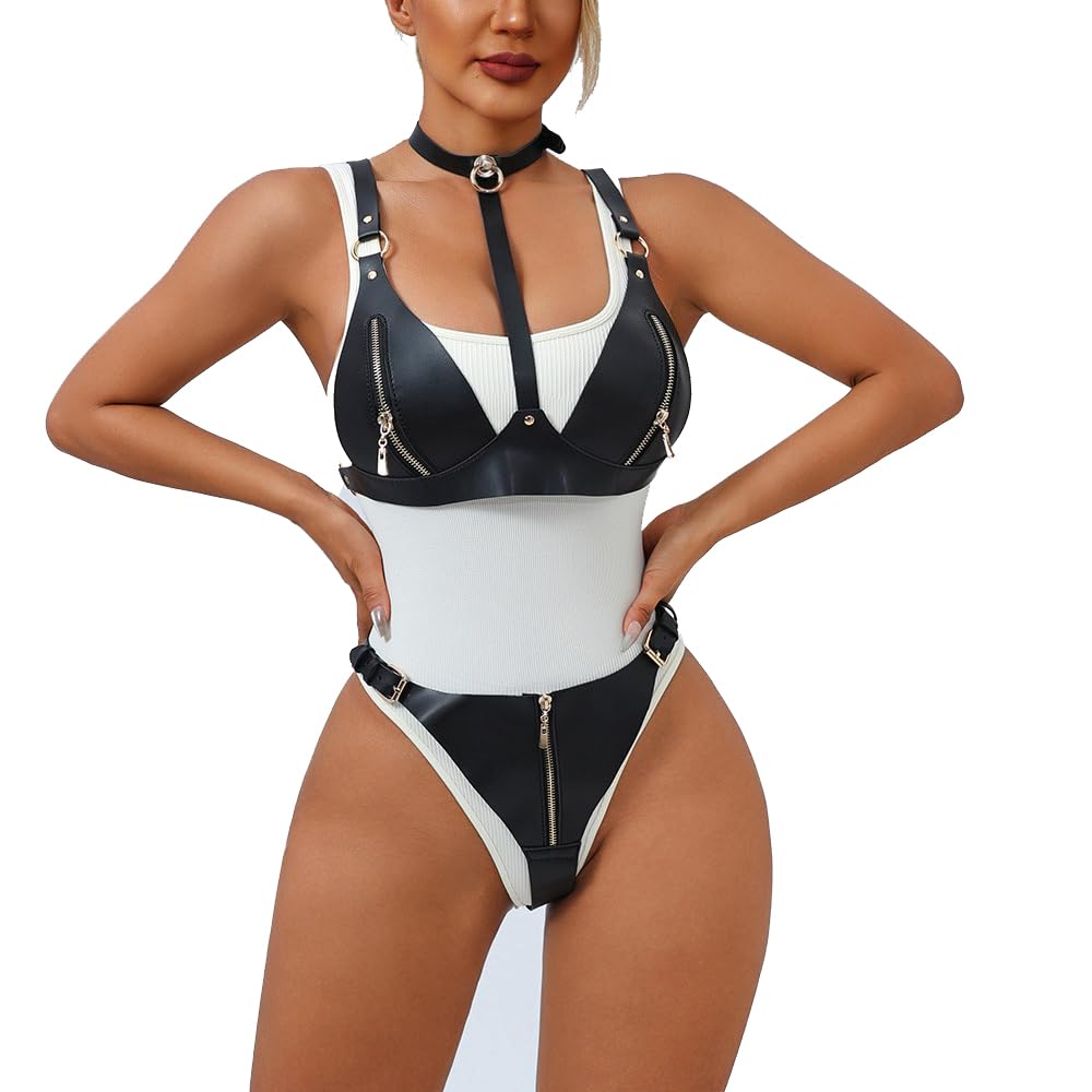 Lingerie for Women Lovely Leather Bodysuit Deep V Neck Teddy Babydoll Backless Mesh Lingerie Chain BDSM Bodysuit Nightwear