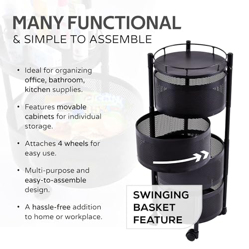 Image of Kuber Industries Storage Rack | 4-Layer Round Multipurpose Storage Trolley with Wheels | Rotating Vegetable Kitchen Rack | Kitchen Cabinet Spice Rack | Metal Fruit Storage Rack | Black