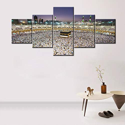Mecca Canva Wall Art Saudi Arabia Building Muslim Pilgrims Painting Islamic Religion Holy Prints Picture 5 Piece Artwork Modern Home Decor Living Room Wooden Framed Ready To Hang(50Wx24H Inches) #TOP3