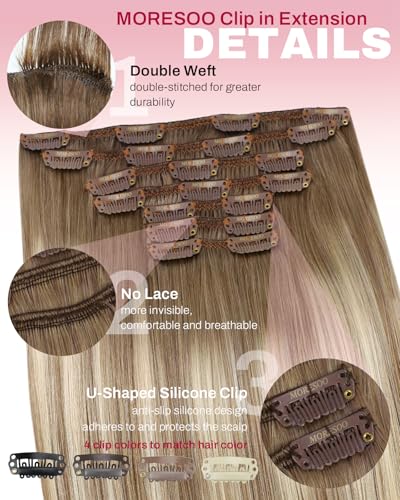 Image of Moresoo Light Brown Balayage Clip in Hair Extensions Human Hair Straight Heat-Stylable Human Hair Clip in Extensions Ombre Light Brown to Medium Blonde Thick 135g /7pcs 18 inch