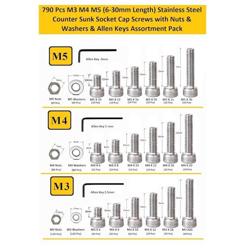 Image of M3 M4 M5 Stainless Alloy Steel 202 Grade Socket Head Cap Screws Nuts Allen Bolt Washer with Allen Keys Assortment Kit Set with Storage Box Pack of 793 Pcs