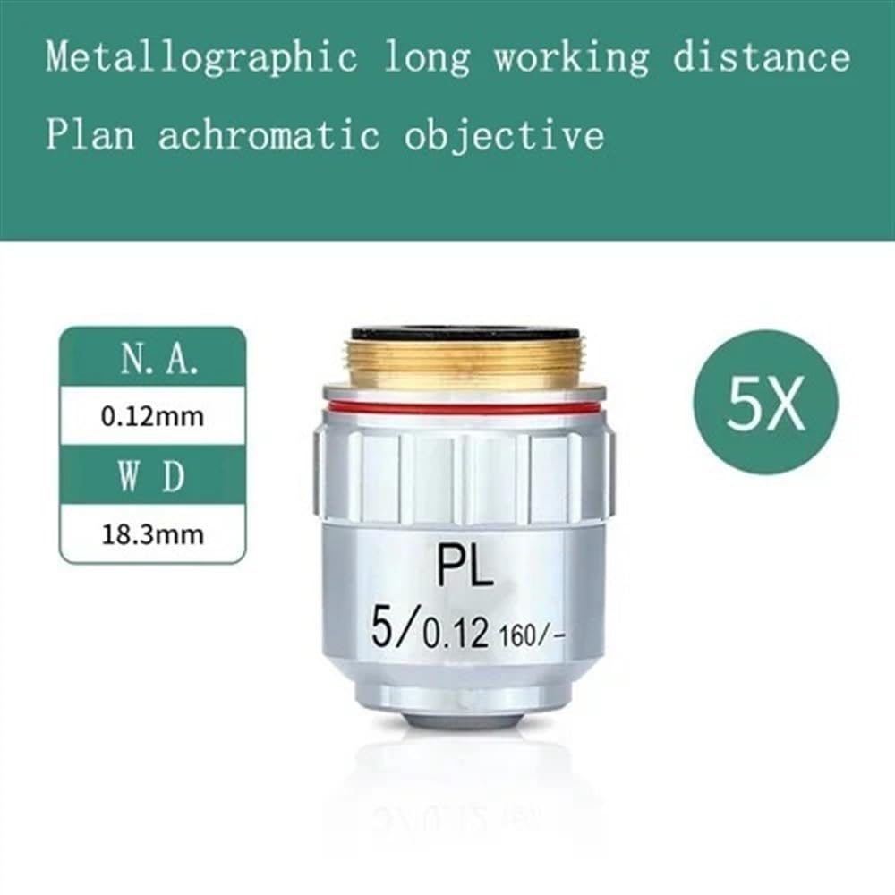 Kit de accesorios para microscopio Microscopio metalográfico de larga distancia de trabajo objetivo acromático de campo plano PL L 5 10 20 40 50 60 80 100X lente seca portaobjetos de microscopio(5x)
