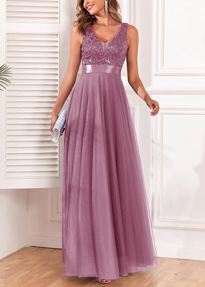ORANDESIGNE Vestito da Sera Elegante Donna Lungo Vestiti Paillettes in Tulle Chiffon Abito Damigella d'Onore Vita Alta Formale Maxi Abiti da Cerimonia Linea ad A Stile Impero