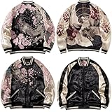 [ハバオ] スカジャン ジャケット 横須賀 龍 さくら 九尾の狐 長袖 コート 刺繍 メンズ 中綿 和柄スタジャン 秋冬服ライダース 重工刺繡 トップス 防風 洋風 和風 野球服 アウター カジュアル 春秋冬服 丸首 おしゃれ 男女兼用 (色/A,M) [並行輸入品]