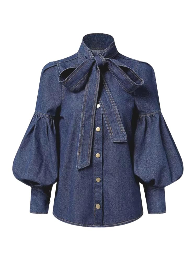 Oberteile Damen Damen Blusen Hemden Puffärmel Lässige Denim Oberbekleidung mit Druckknöpfen Vintage Jeansjacken mit Hohem Kragen und Schleifenverzierung und Rüschendetails Frühling
