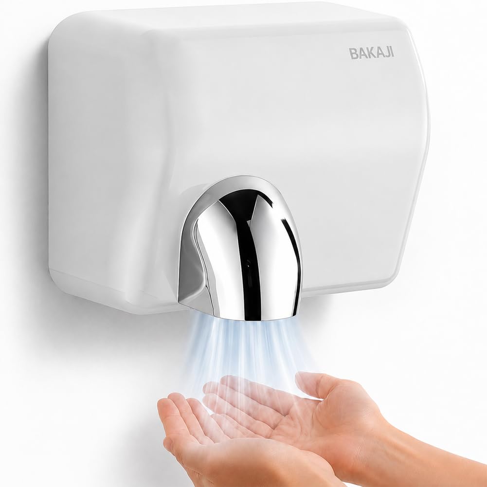 BAKAJI Secador de manos automático eléctrico de pared para hoteles, baños públicos, restaurantes, secador de manos de aire caliente de pared con sensor fotocélula, potencia 2300 W, secado a alta