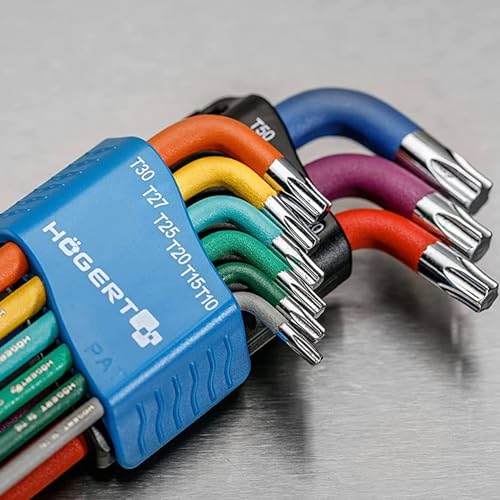 Högert Technik - Torx zestaw kluczy I wkrętaki Torx zestaw 9 sztuk I rozmiary od T10 do T50 I ze stali stopowej S2 I odporne na odkształcenia i ścieranie I HT1W817 - wielokolorowy