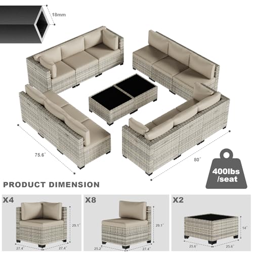 Image of Outdoor PE Wicker Rattan Modular Patio Sectional Sofa Set | 14-Piece: 12 Modular Seats & 2 Coffee Tables, Khaki