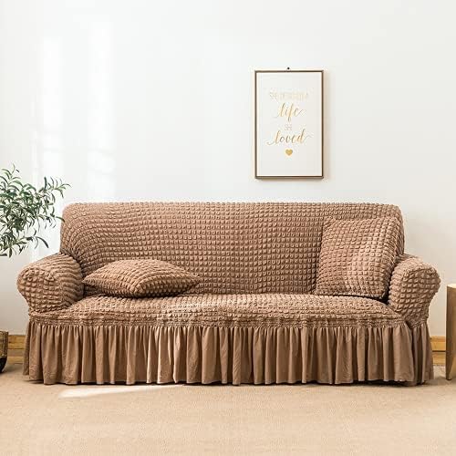 OKJK Seersucker fabric stretch sofa cover for living room sofa protector skirt anti-dust unique style soft sofa slipcovers, Suitable for most sofas (Gray two-tone,3 seater 190-230cm)