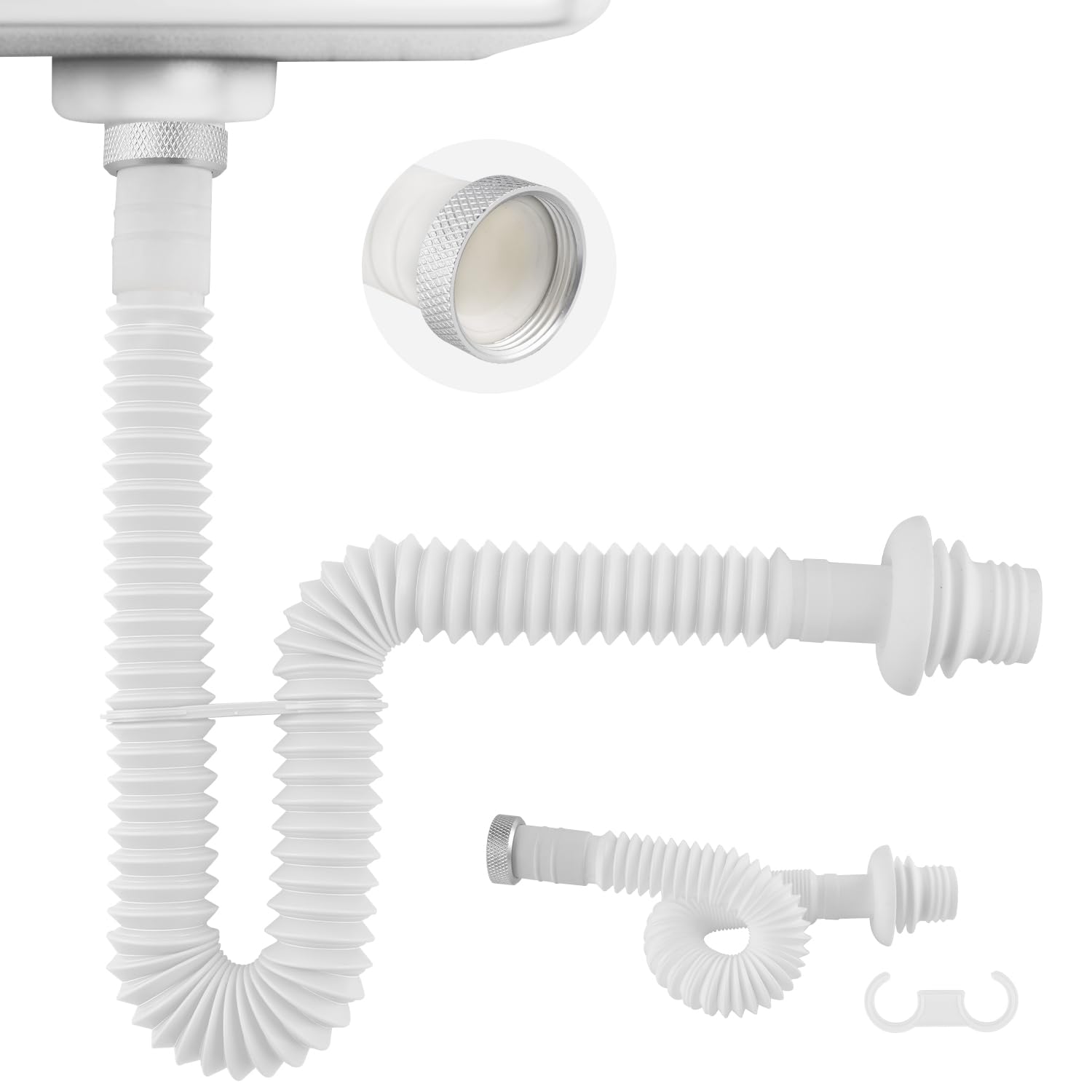 iFealClear Sink Drain Pipe P Trap 1-1/2" with Aluminum Nut, Expandable Flexible Sink Drain Hose, 11"-34.5" Odour-Proof Sink Drain P-Trap Pipe for Kitchen, White 1 PACK