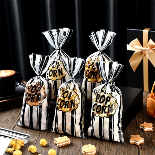 Image of 400 Pcs Popcorn Bags Bulk Movie Night Pop Corn Plastic Bags for Popcorn Machine Pop Corn Snack Containers with Twist Ties for Carnival Graduation Party Supplies (Retro,Black)